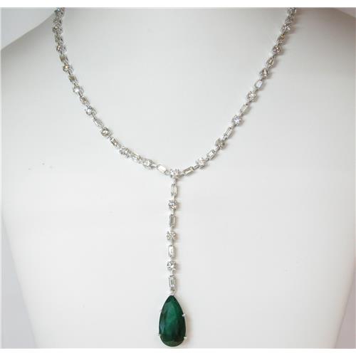 18K white gold diamond and emerald drop necklace