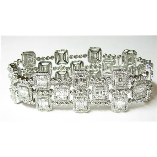Ladies 18k 3 Row Emerald Cut & Round Diamond Halo  Bracelet - B0103
